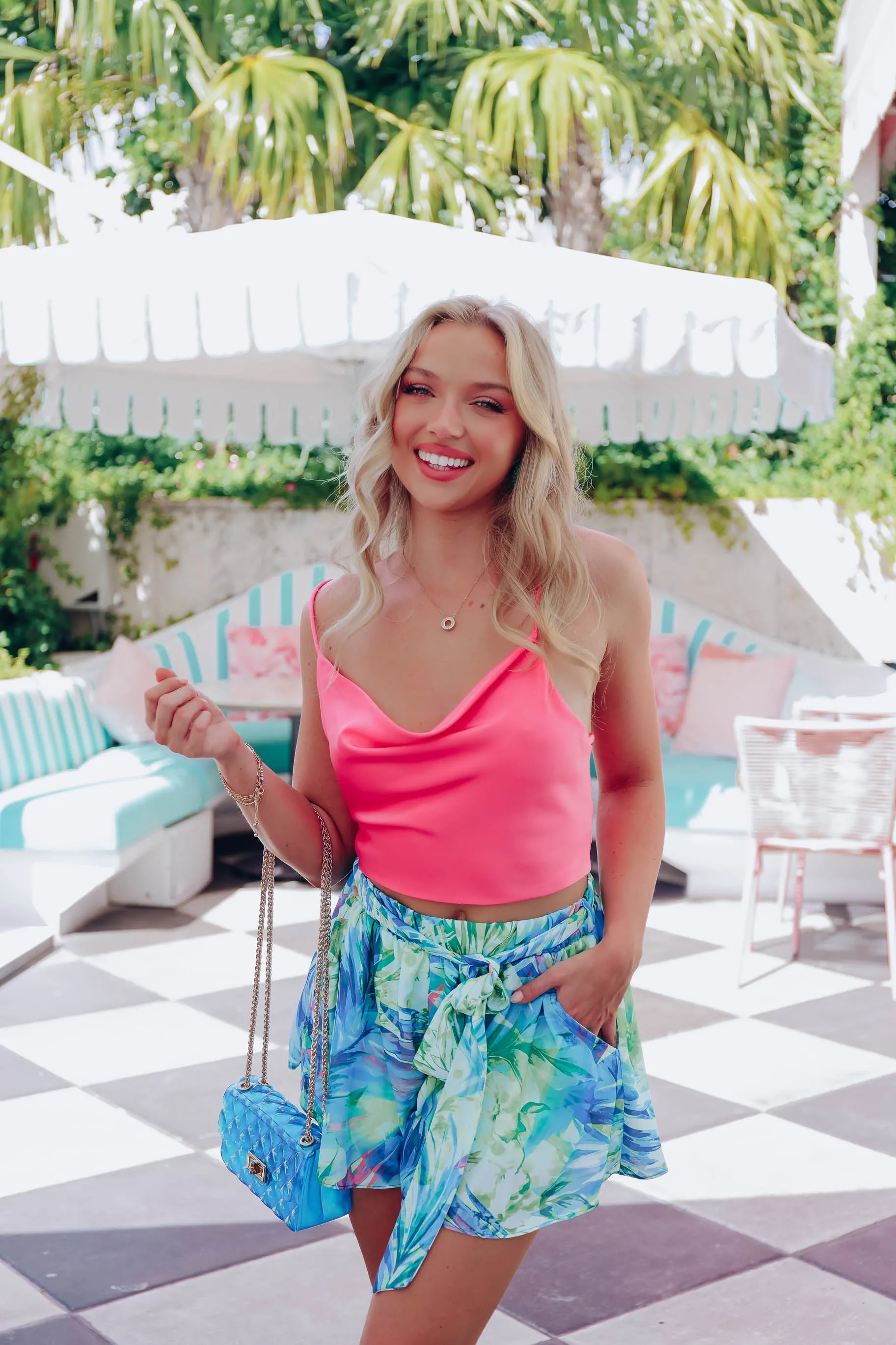 Kona Cowl Neck Strappy Crop Top- Pink