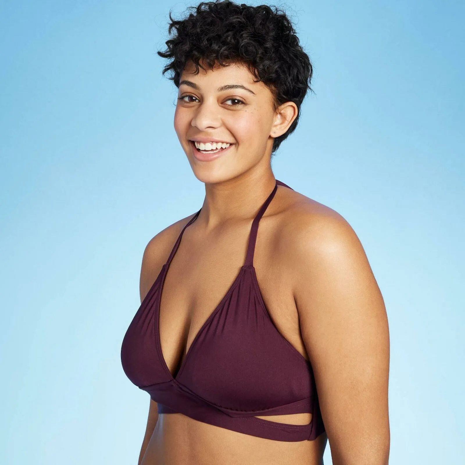 Kona Sol Women's Faux Wrap Halter Bikini Top with Cut Outs