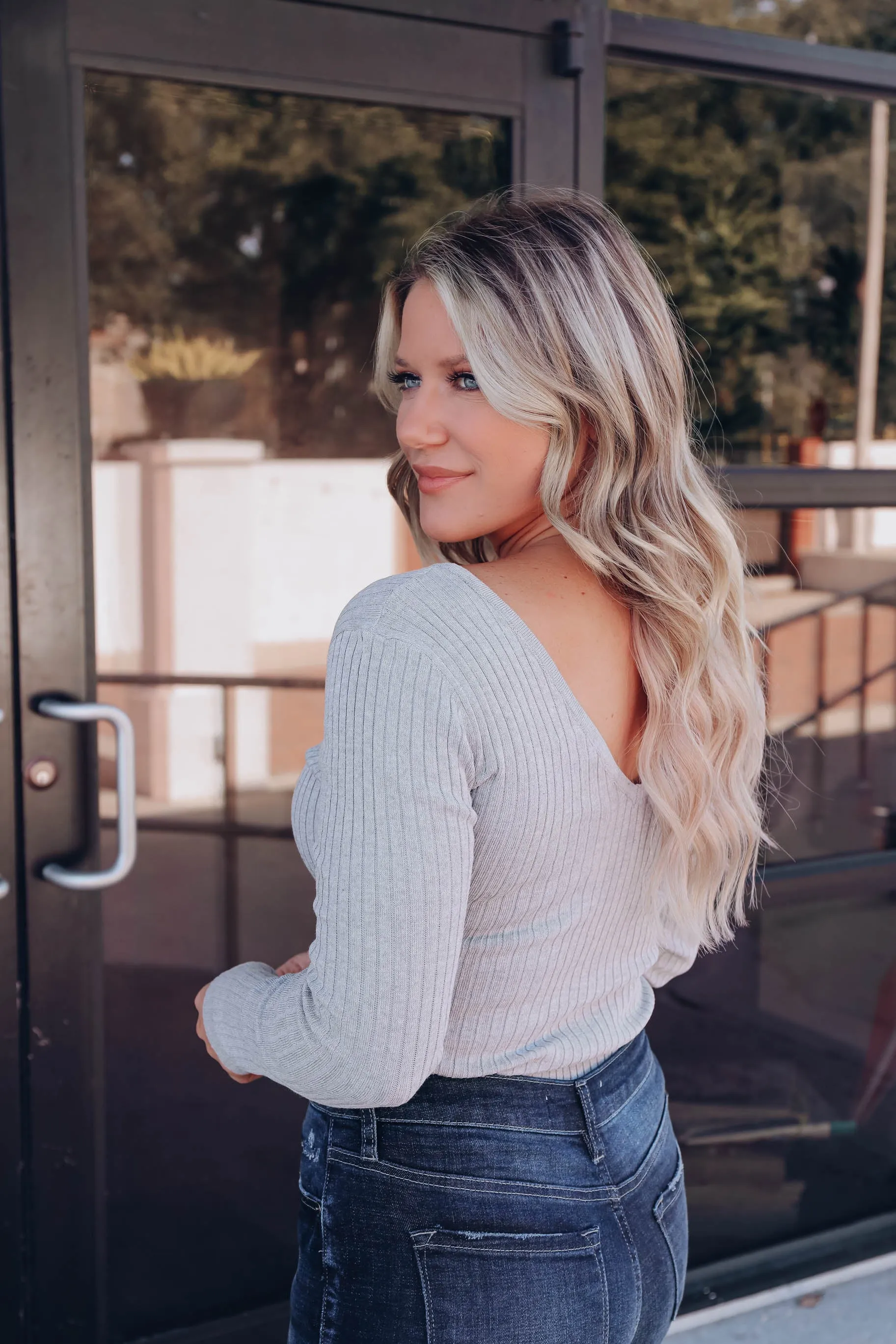 Krysten Double V Knit Sweater - H. Grey
