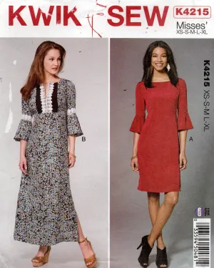 Kwik Sew 4215 Womens Caftan Style Empire Waist Dress with Flared Sleeves Out Of Print Sewing Pattern Size XS - XL UNCUT Factory Folded