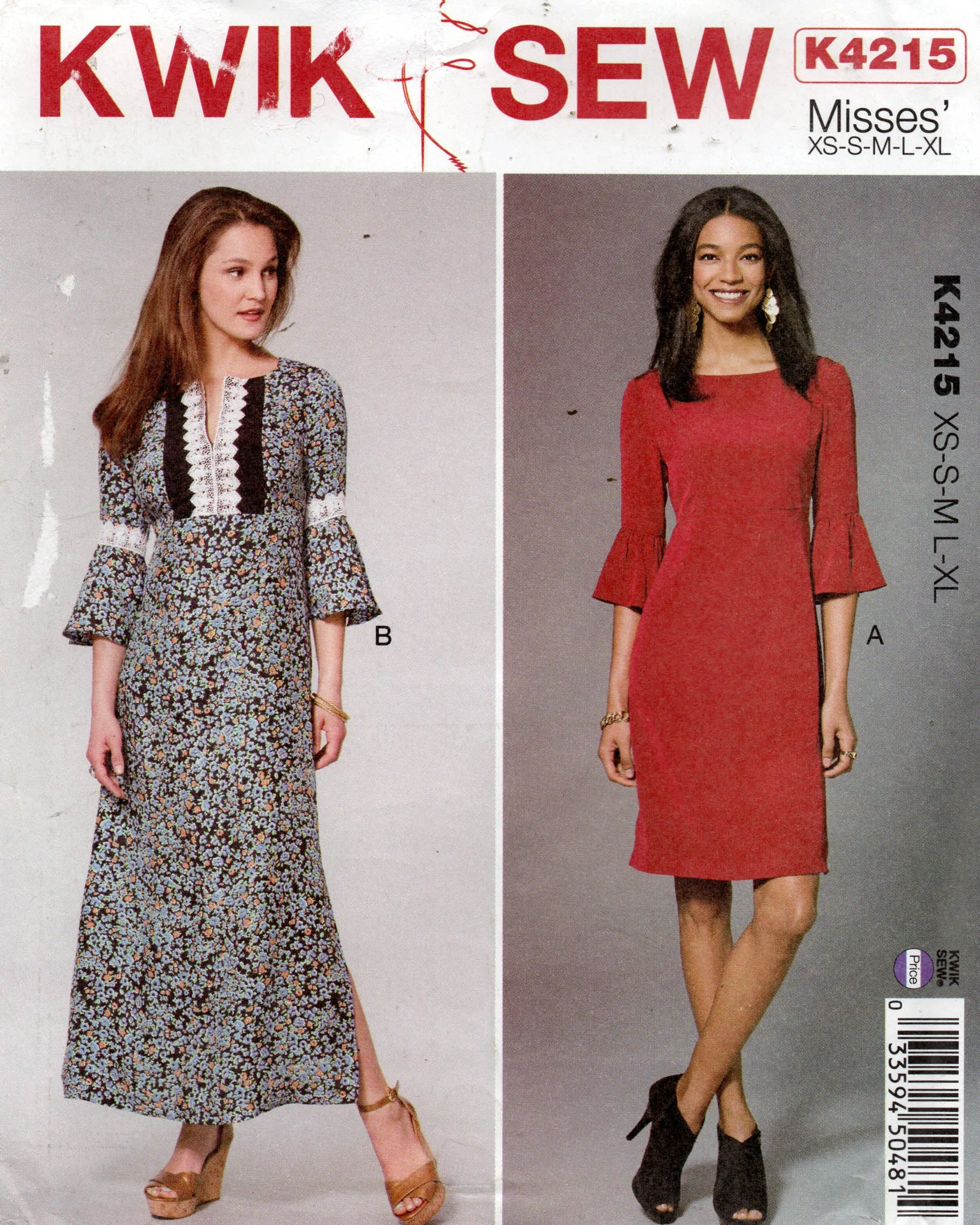 Kwik Sew 4215 Womens Caftan Style Empire Waist Dress with Flared Sleeves Out Of Print Sewing Pattern Size XS - XL UNCUT Factory Folded