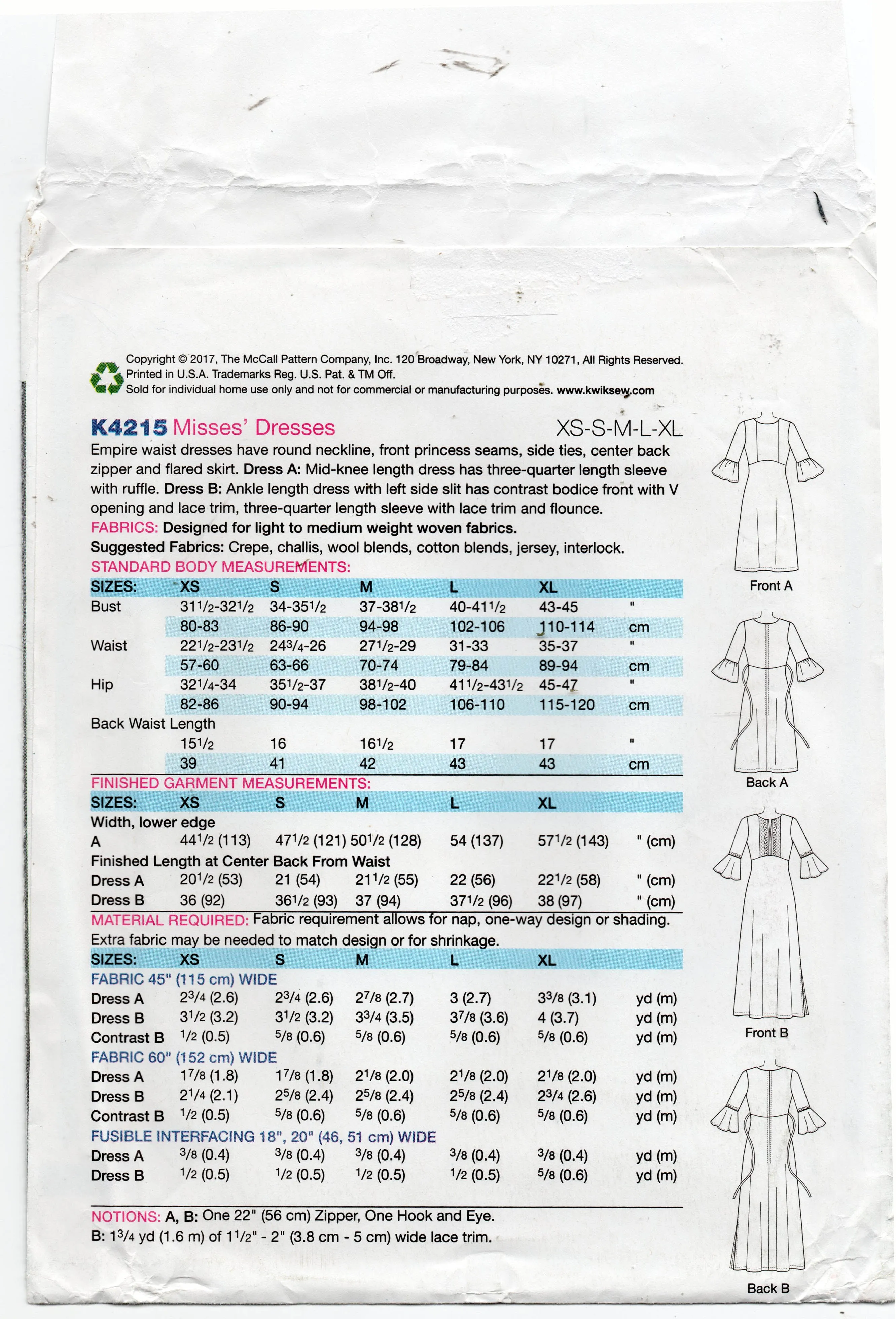 Kwik Sew 4215 Womens Caftan Style Empire Waist Dress with Flared Sleeves Out Of Print Sewing Pattern Size XS - XL UNCUT Factory Folded