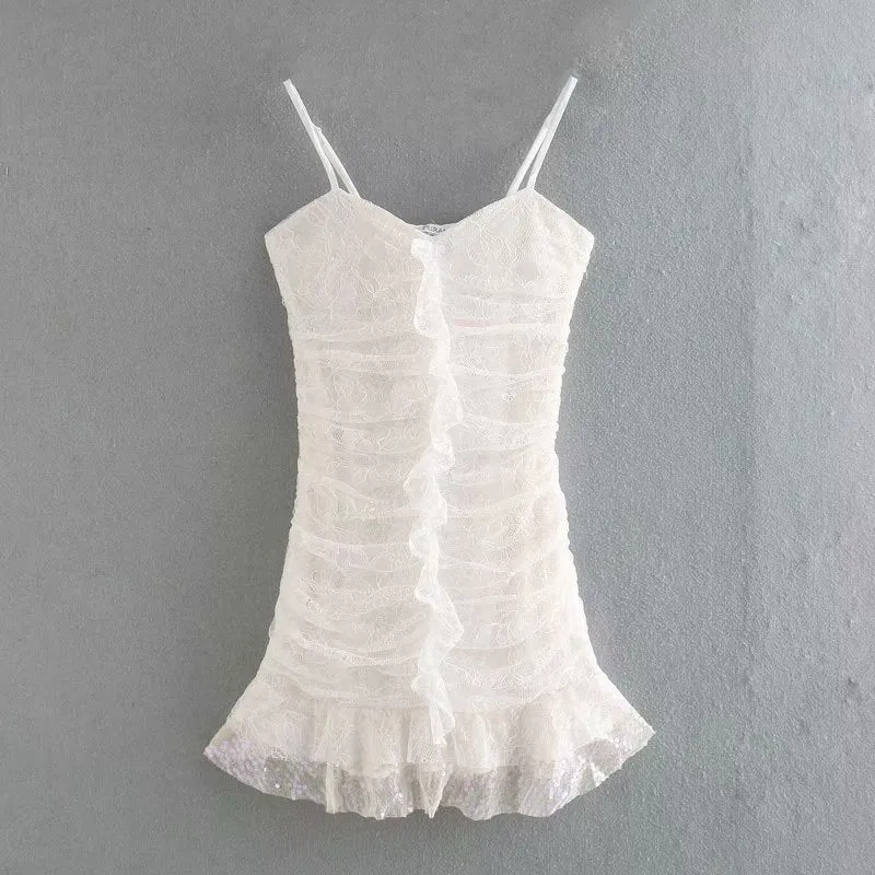 Lace Strappy Sequins Ruffled Backless Bodycon Party Mini Dresses