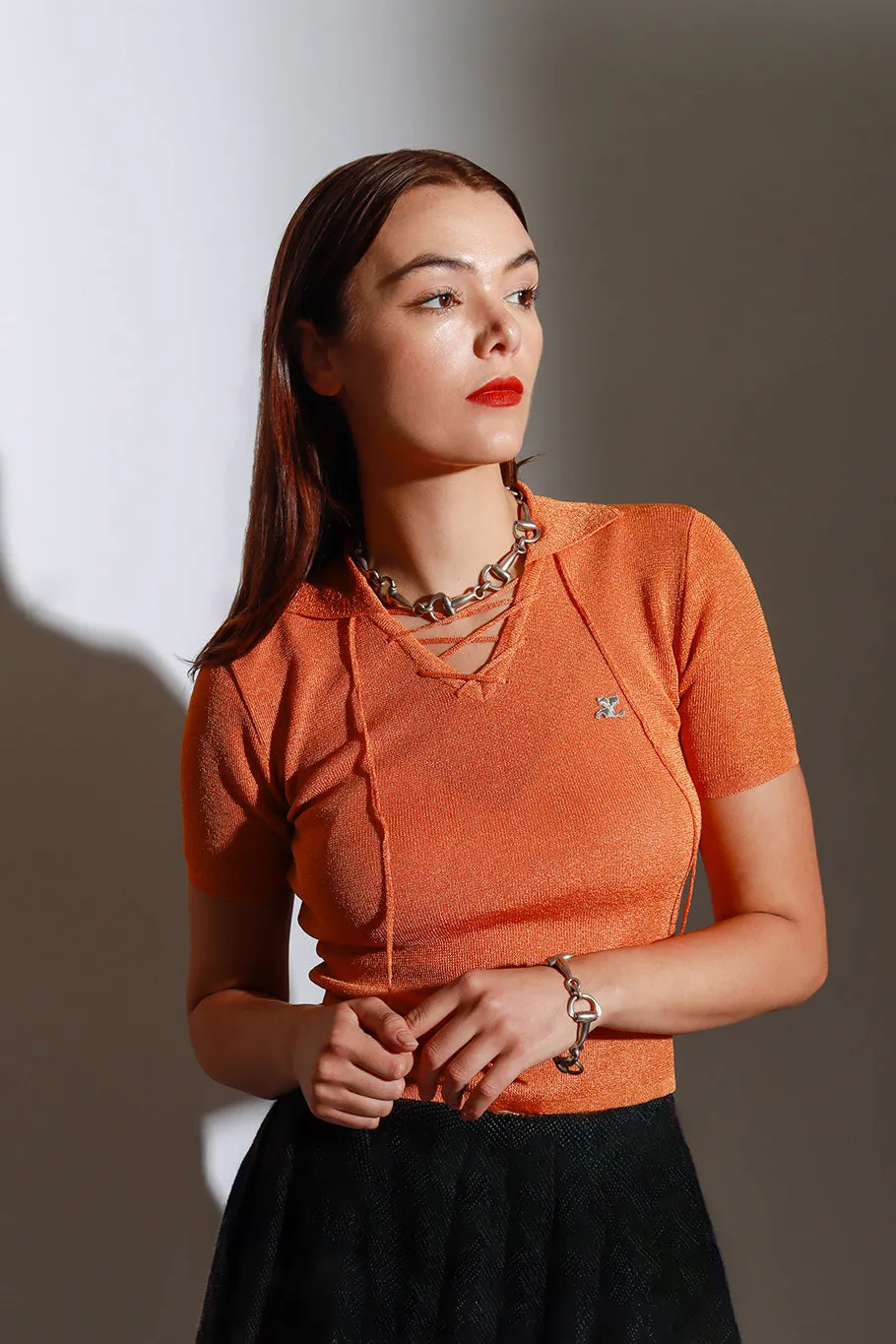 Lace Up Knit Polo Top
