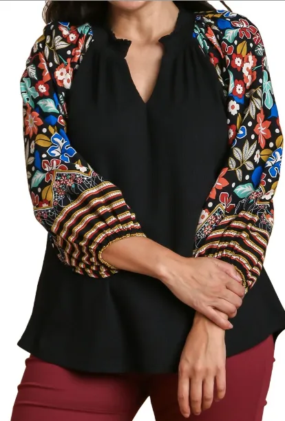 Laci Floral Print Smocked Waffle Knit Top