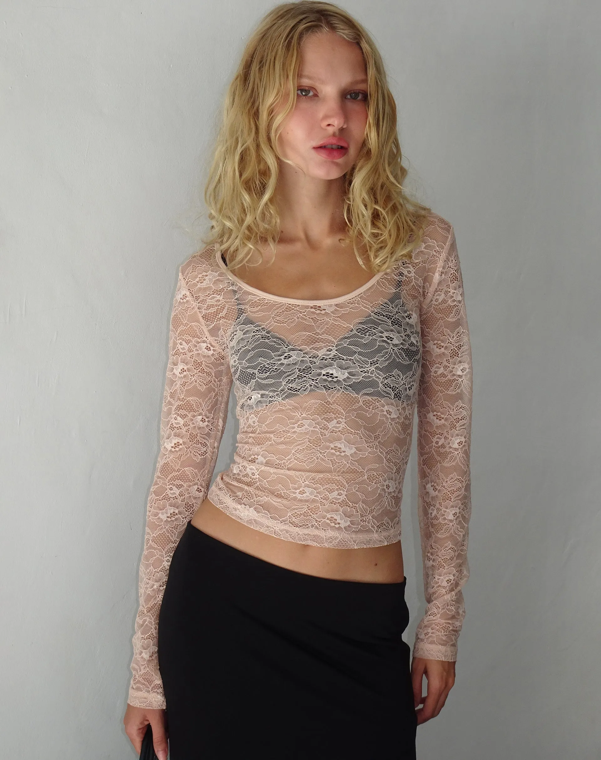 Lainey Long Sleeve Lace Top in Blush