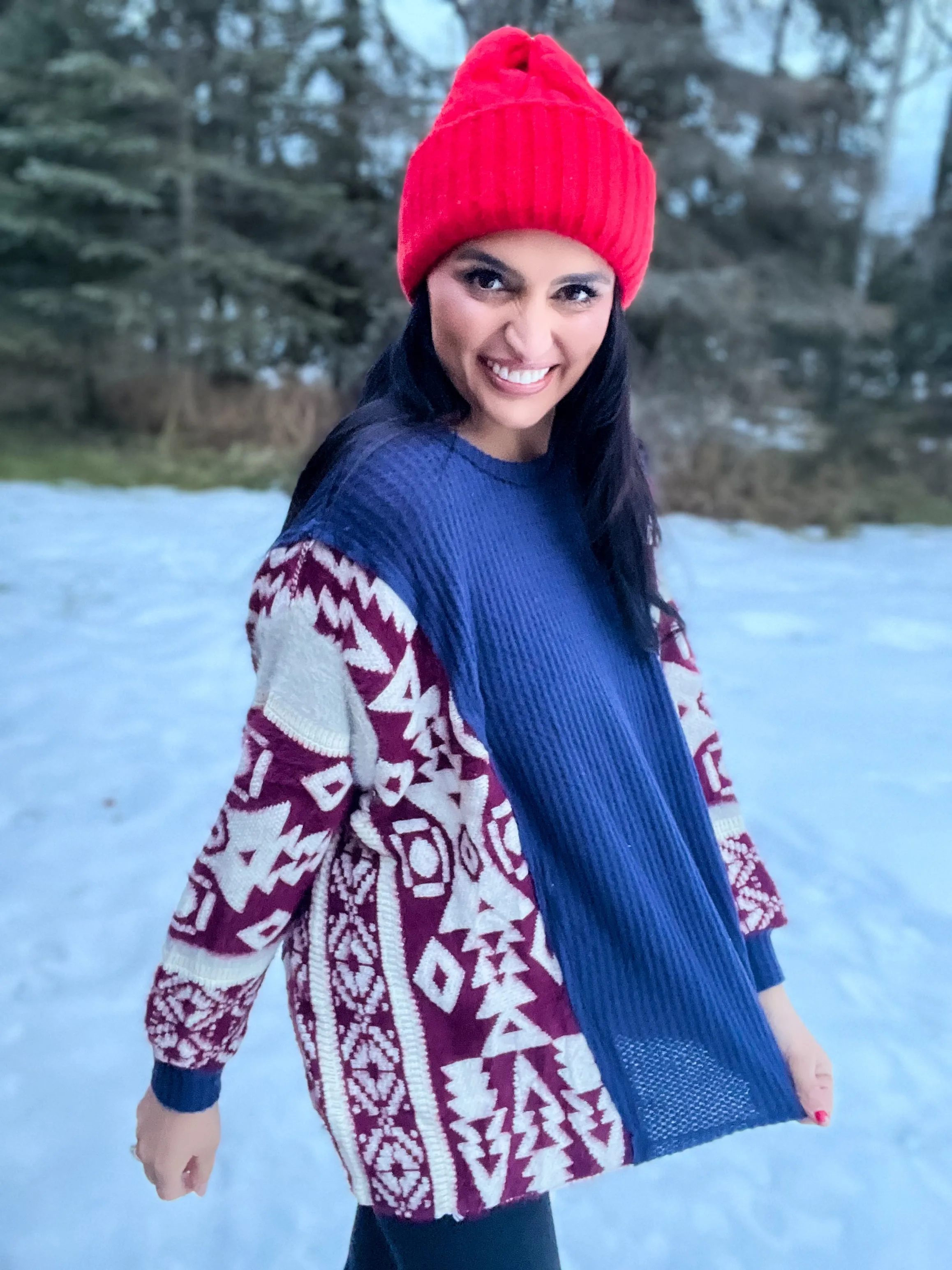 Laken Printed LS Relaxed Contrast Sweater- Navy Multi
