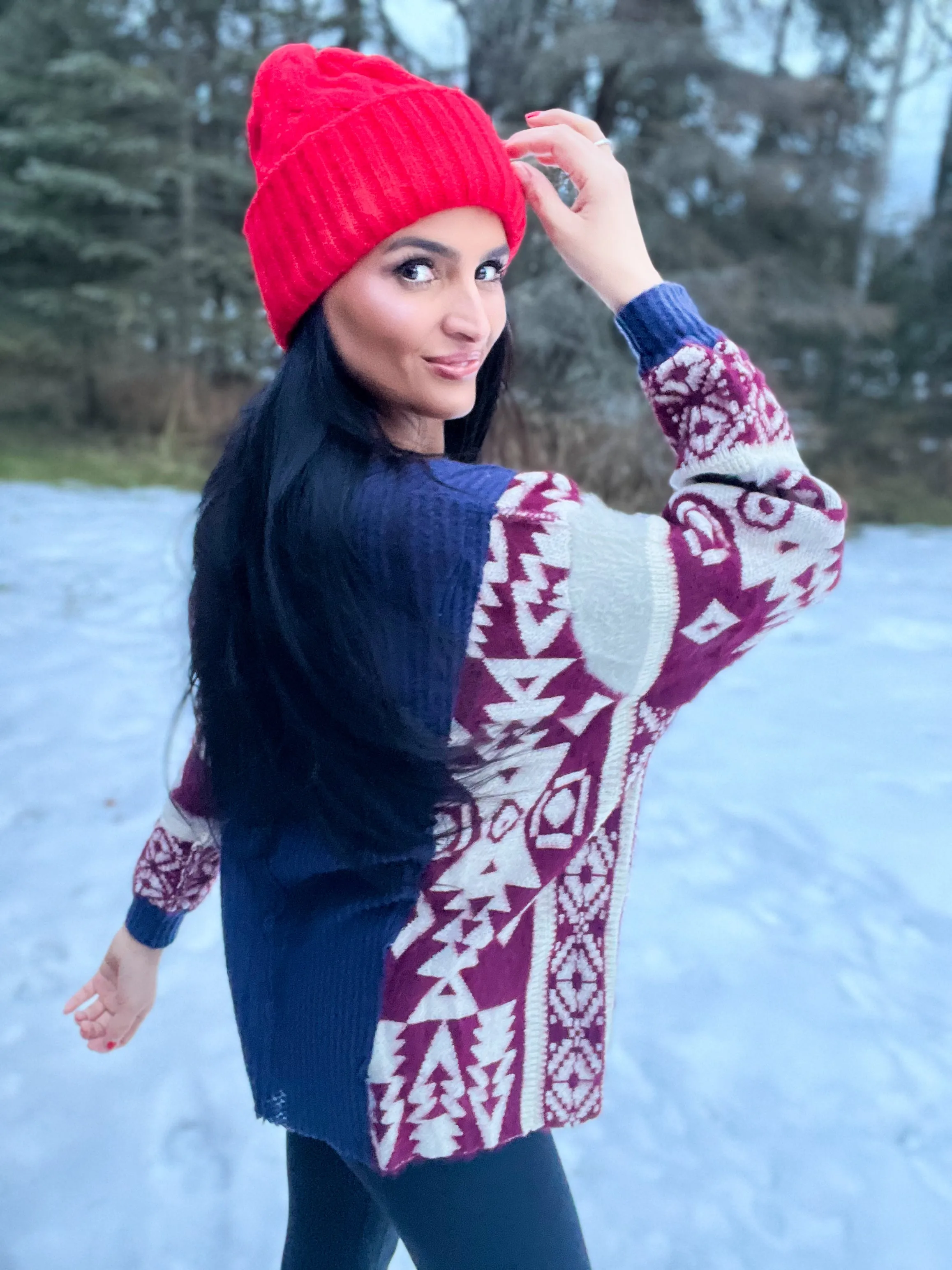Laken Printed LS Relaxed Contrast Sweater- Navy Multi