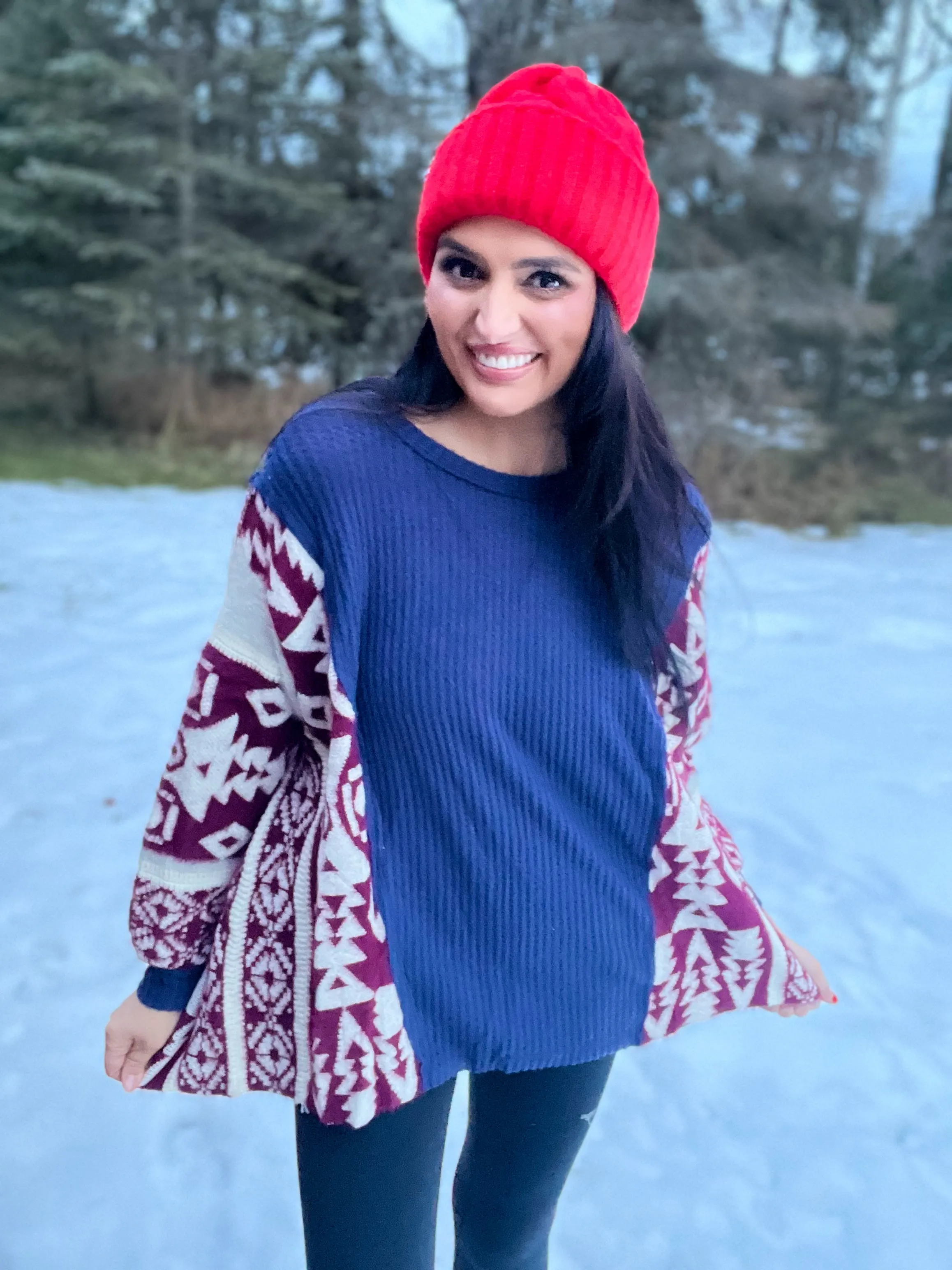 Laken Printed LS Relaxed Contrast Sweater- Navy Multi