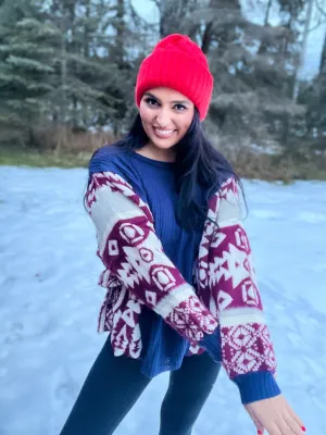 Laken Printed LS Relaxed Contrast Sweater- Navy Multi