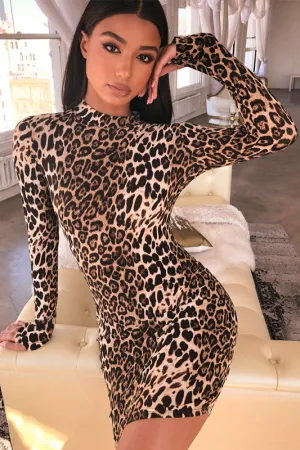 Leopard Print High Neck Long Sleeve Bodycon Mini Dress