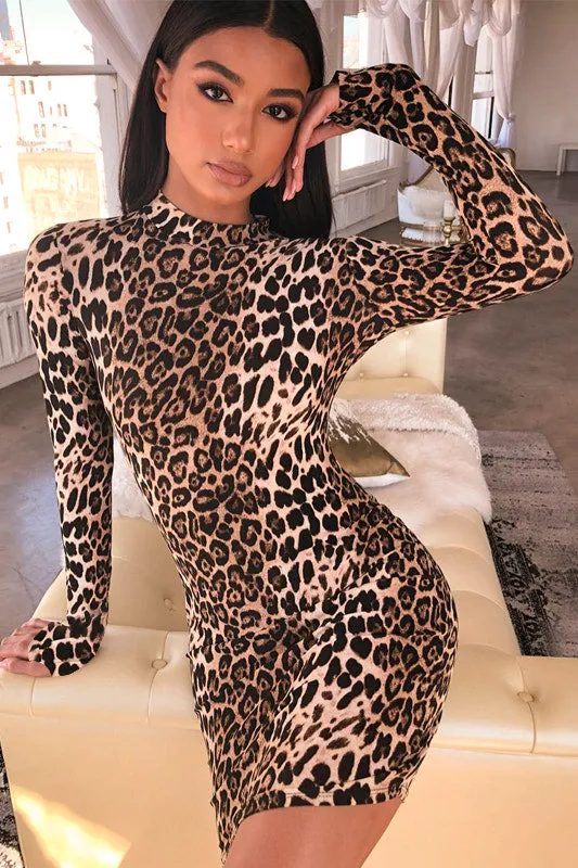 Leopard Print High Neck Long Sleeve Bodycon Mini Dress