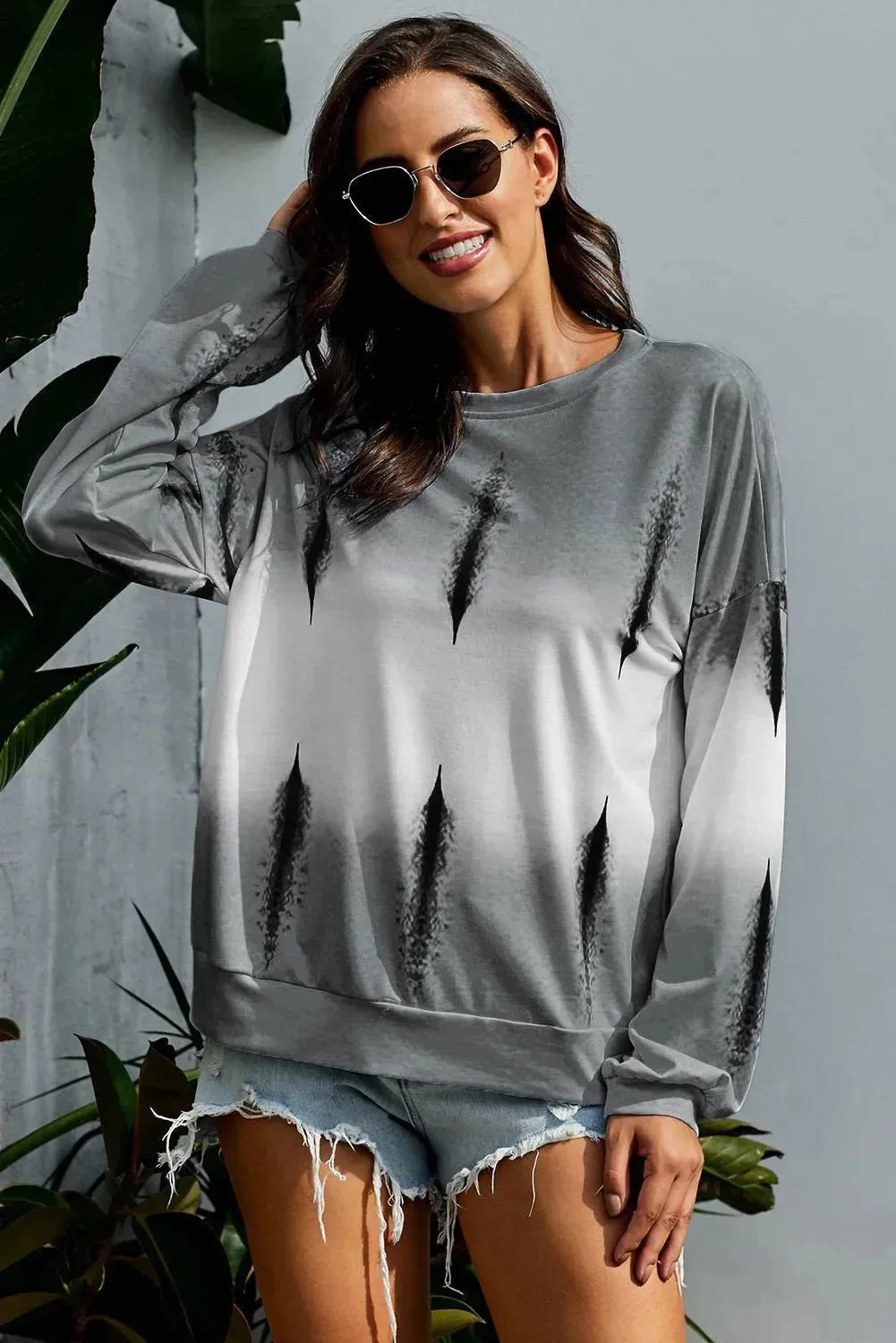 Light Gray Color Block Tie Dye Pullover Sweatshirt