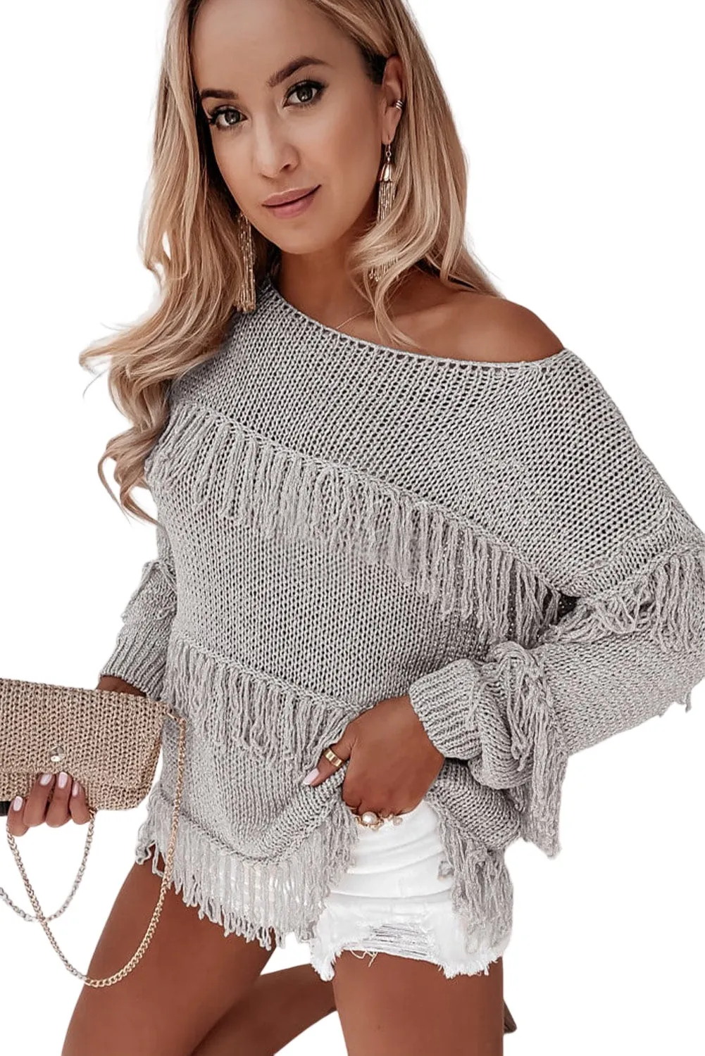 Light Grey Boho Tasseled Knitted Sweater