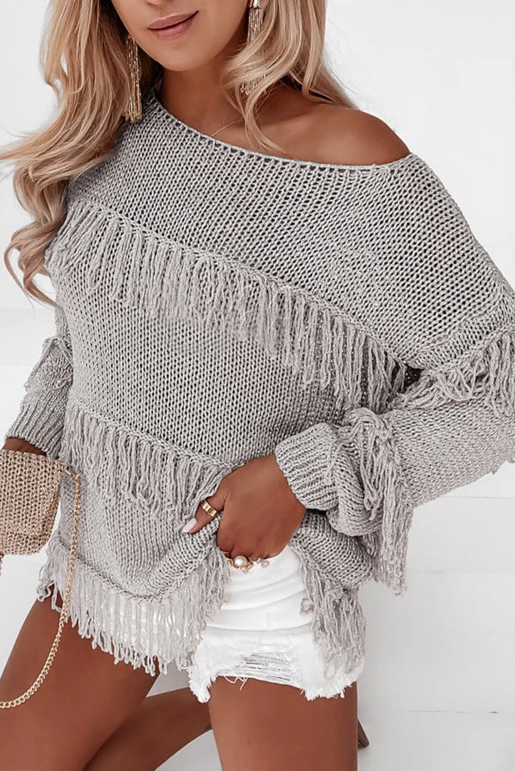 Light Grey Boho Tasseled Knitted Sweater
