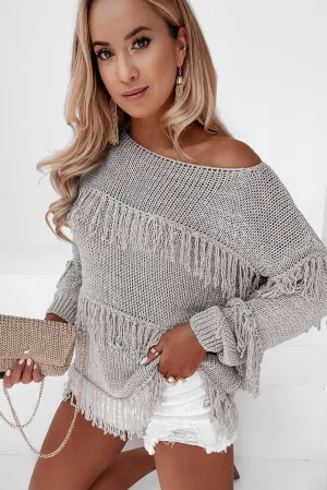 Light Grey Boho Tasseled Knitted Sweater