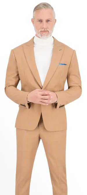 Light Marigold Brown with Blue Plaid Check Short Suit
