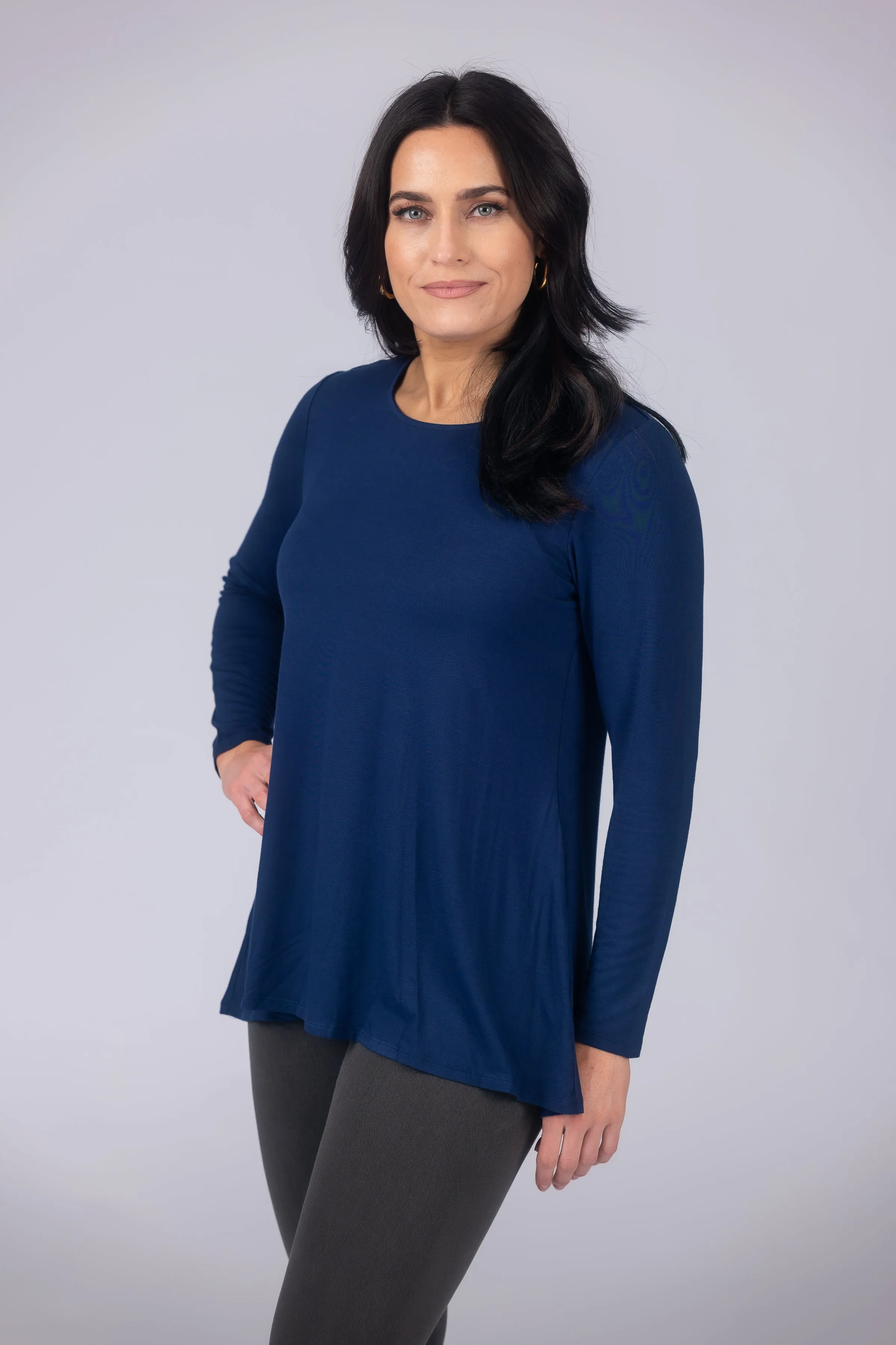 Long Sleeve Solid Pleat Back Detail Swing Top