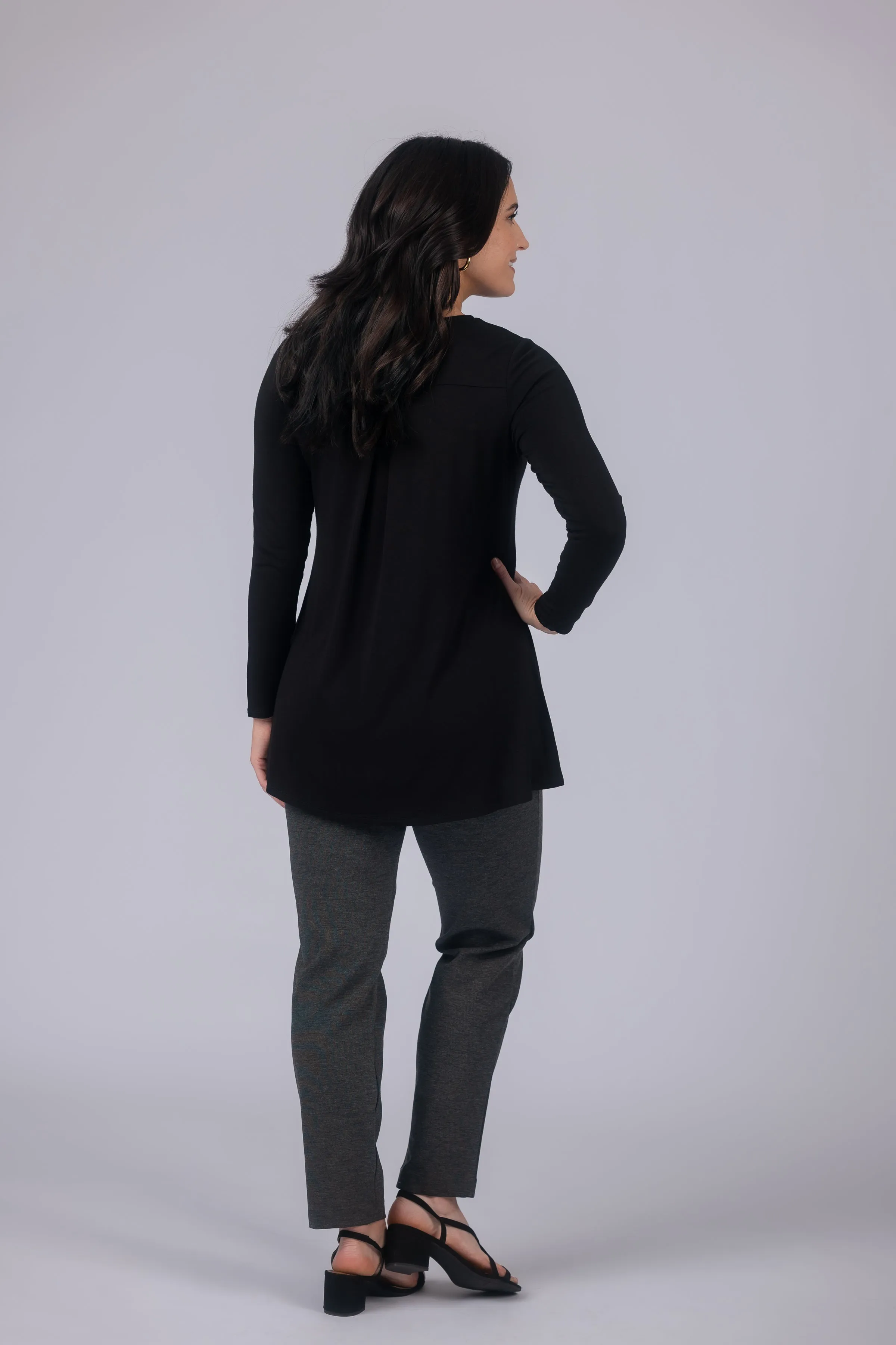 Long Sleeve Solid Pleat Back Detail Swing Top