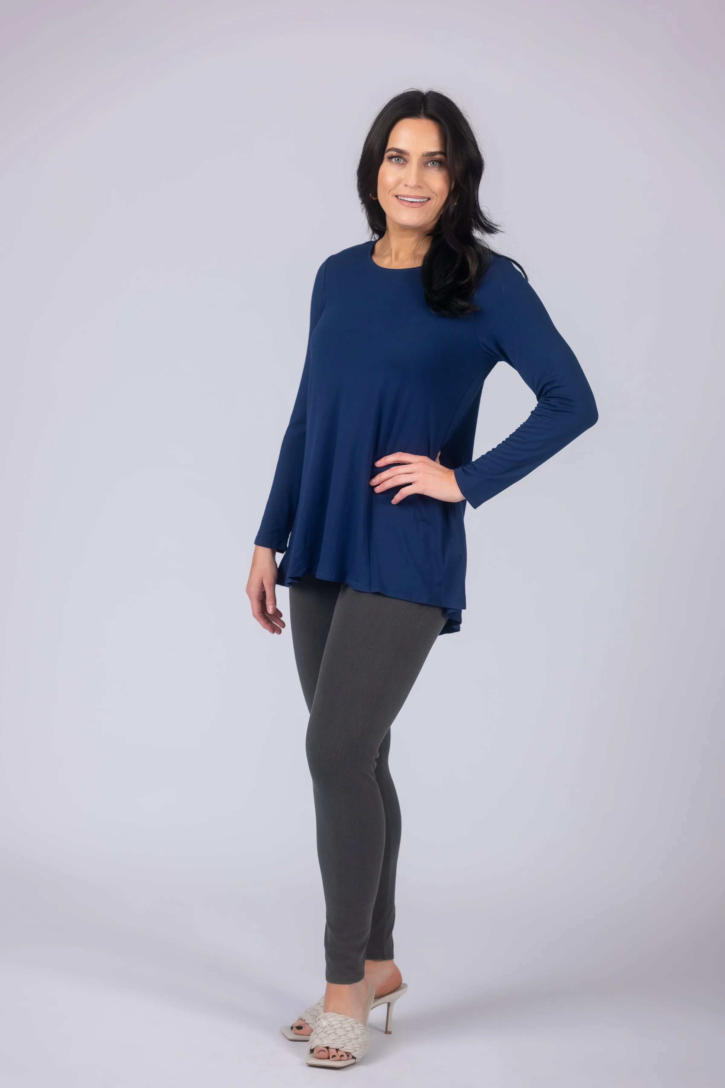 Long Sleeve Solid Pleat Back Detail Swing Top