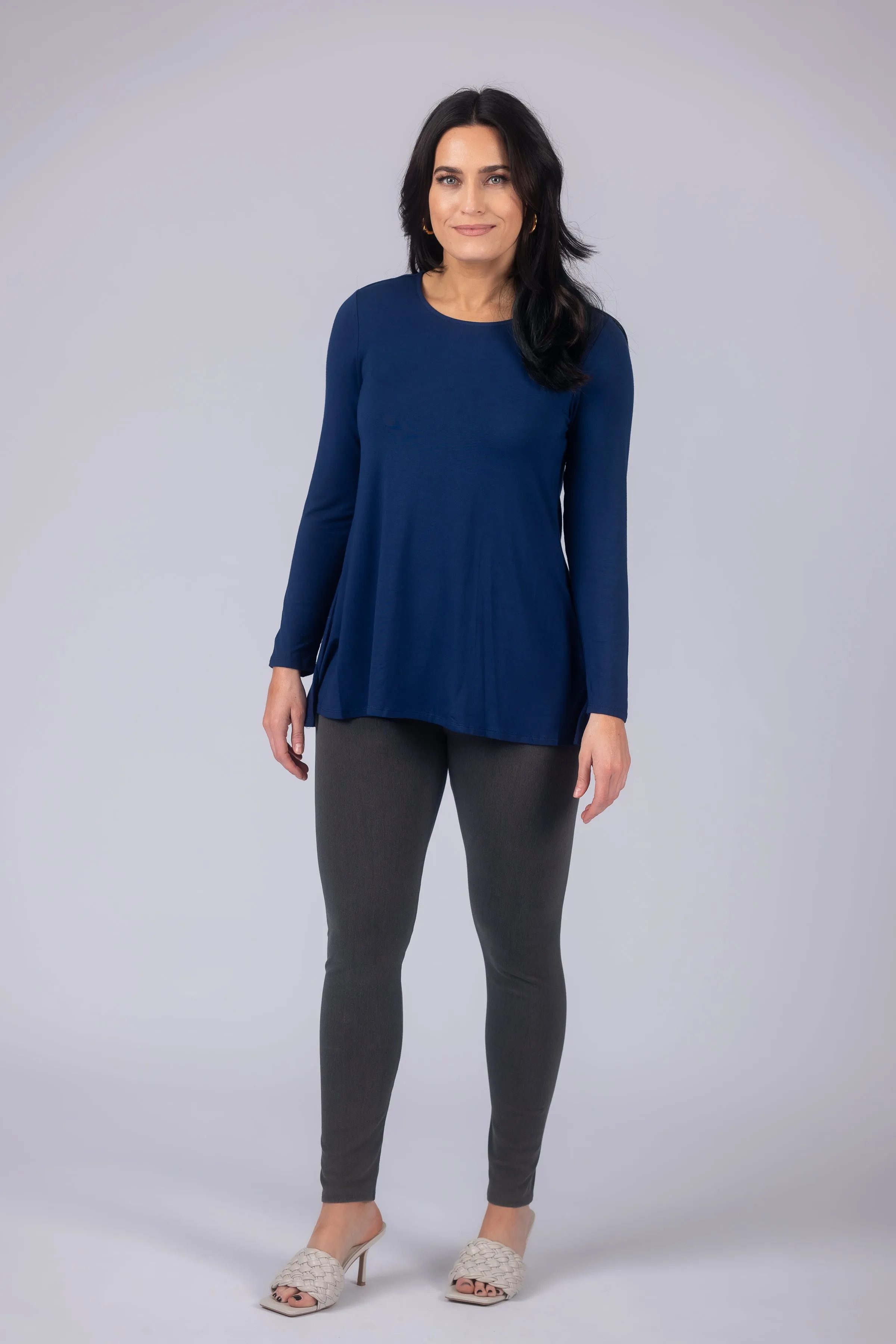 Long Sleeve Solid Pleat Back Detail Swing Top