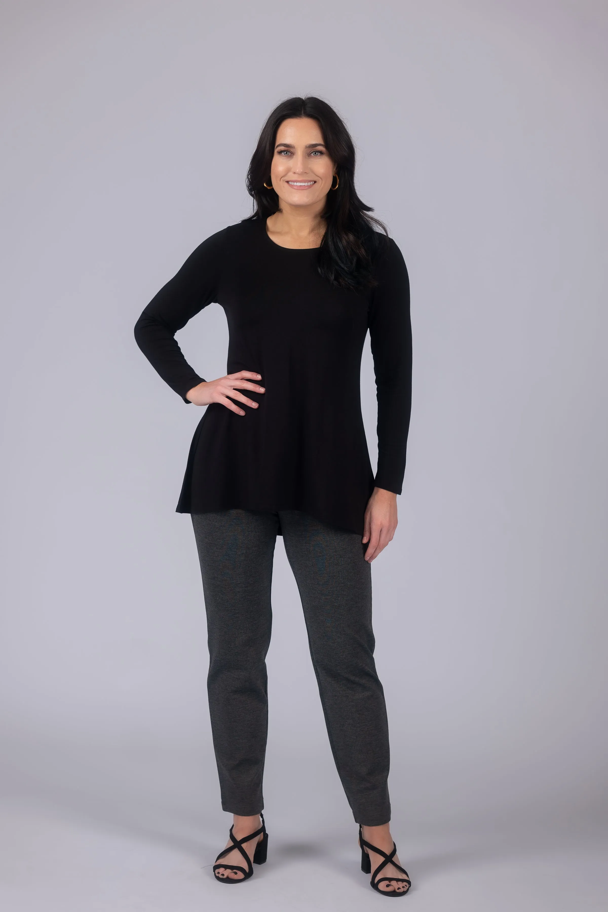 Long Sleeve Solid Pleat Back Detail Swing Top
