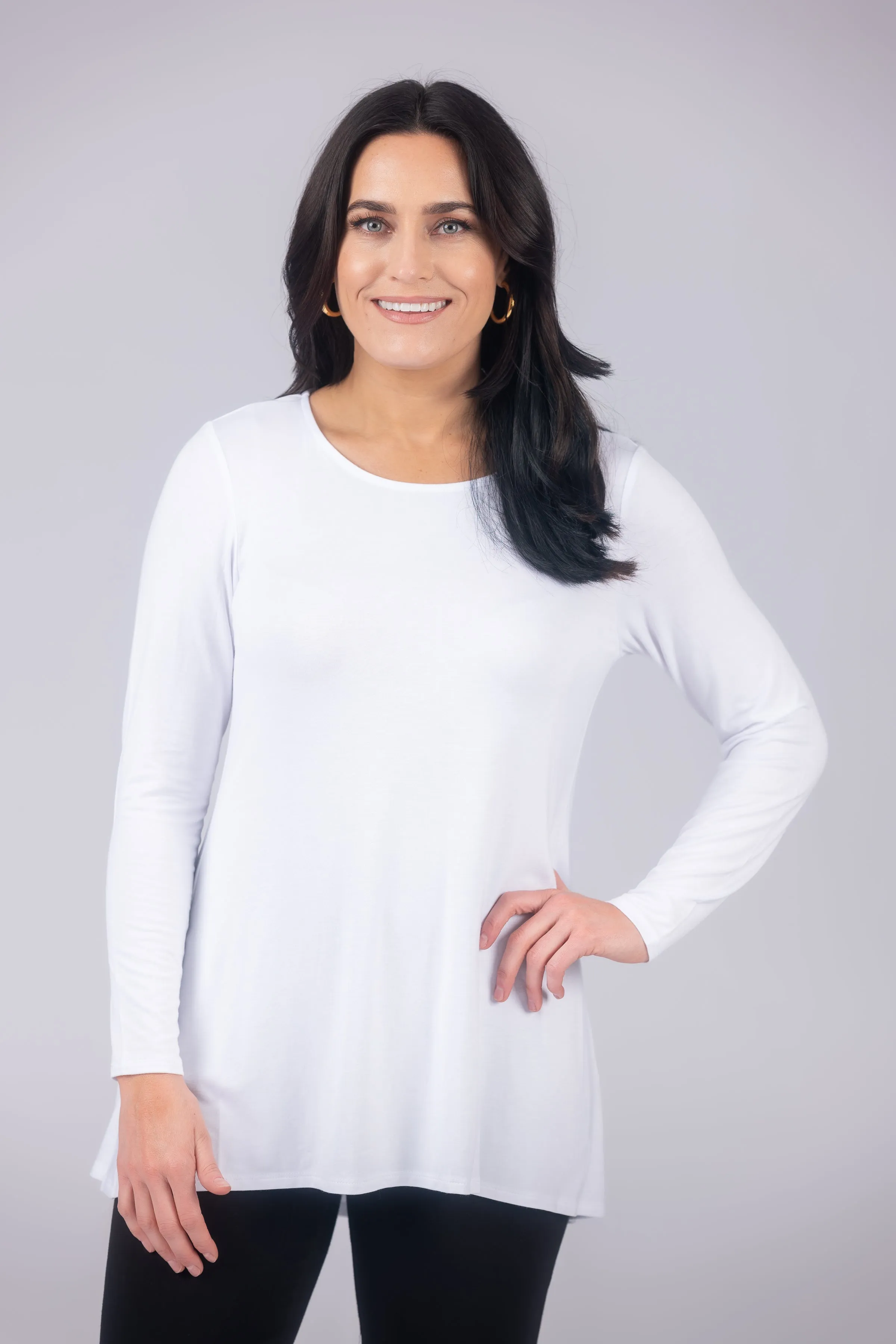 Long Sleeve Solid Pleat Back Detail Swing Top