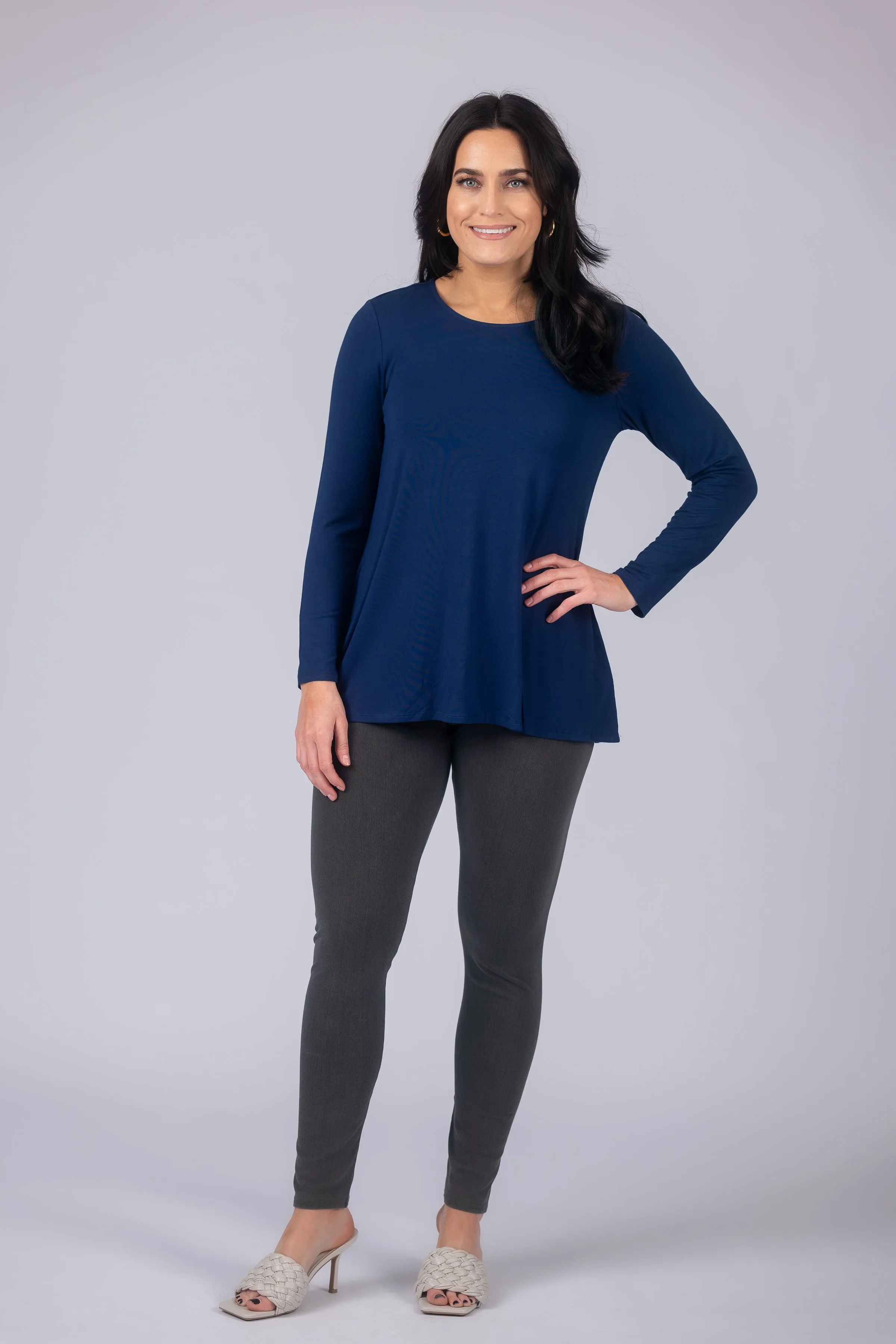 Long Sleeve Solid Pleat Back Detail Swing Top