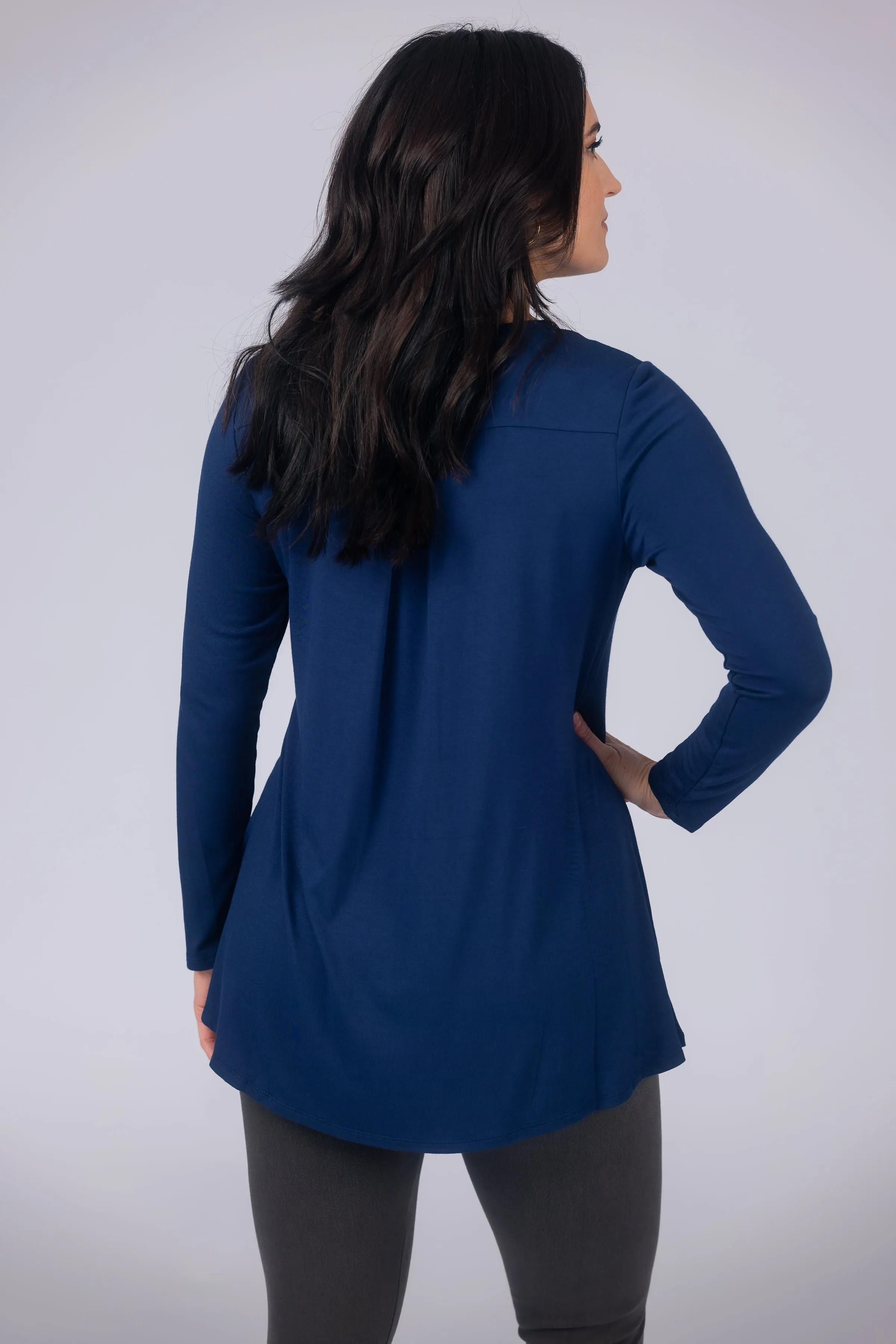 Long Sleeve Solid Pleat Back Detail Swing Top