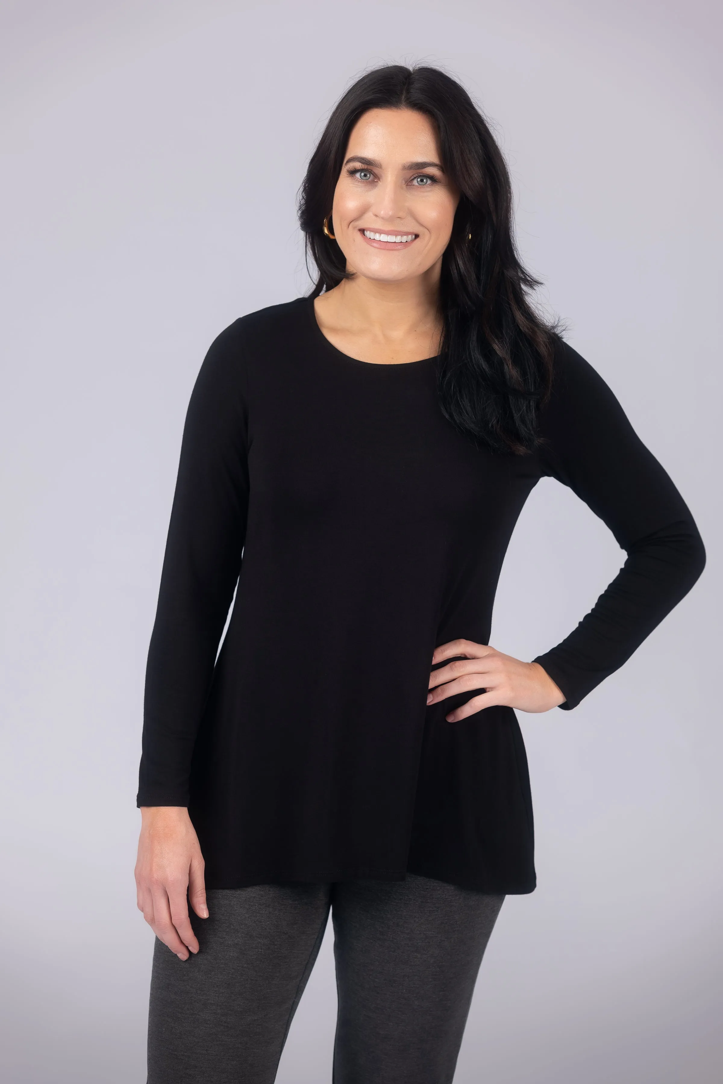 Long Sleeve Solid Pleat Back Detail Swing Top