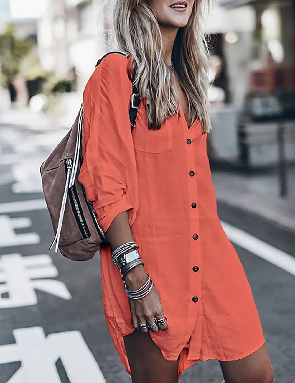 Loose V Neck Beach Shirt Dress Cover Up