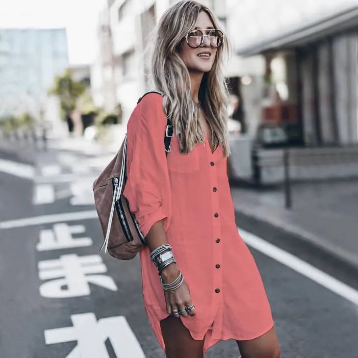Loose V Neck Beach Shirt Dress Cover Up