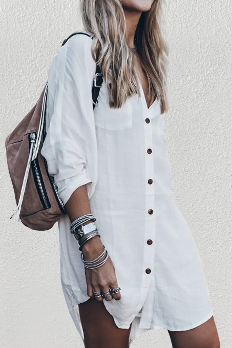 Loose V Neck Beach Shirt Dress Cover Up