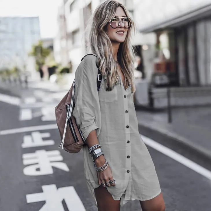 Loose V Neck Beach Shirt Dress Cover Up