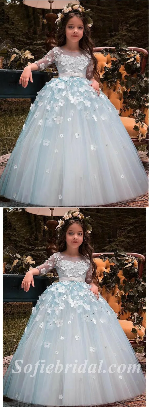 Lovely Tulle 3/4 Sleeve A-Line Flower Girl Dresses, FGS0034