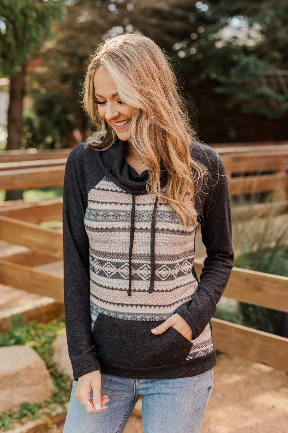 Lovely Wayfarer Aztec Cowl Neck Sweatshirt- Charcoal, Ivory, & Peach