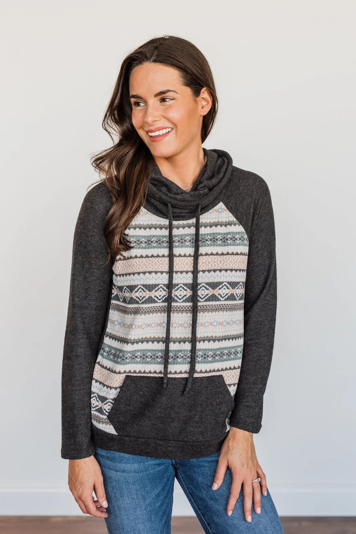 Lovely Wayfarer Aztec Cowl Neck Sweatshirt- Charcoal, Ivory, & Peach