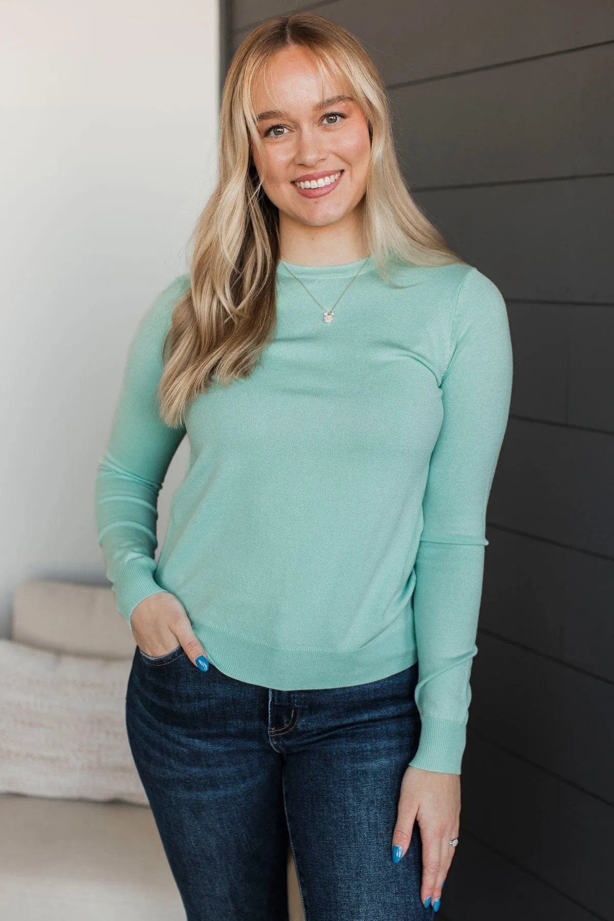 Loving Devotions Knit Sweater- Mint Blue