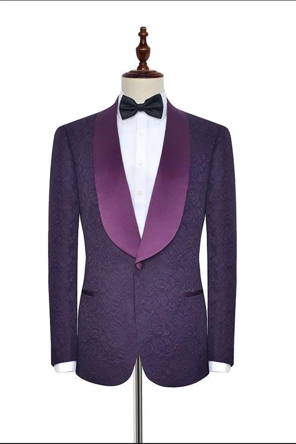 Luxury Dark Purple One Button Wedding Tuxedos Silk Shawl Lapel Jacquard Prom Suits
