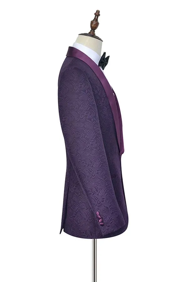 Luxury Dark Purple One Button Wedding Tuxedos Silk Shawl Lapel Jacquard Prom Suits