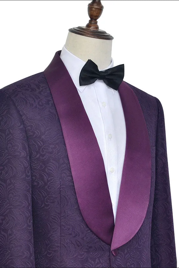 Luxury Dark Purple One Button Wedding Tuxedos Silk Shawl Lapel Jacquard Prom Suits