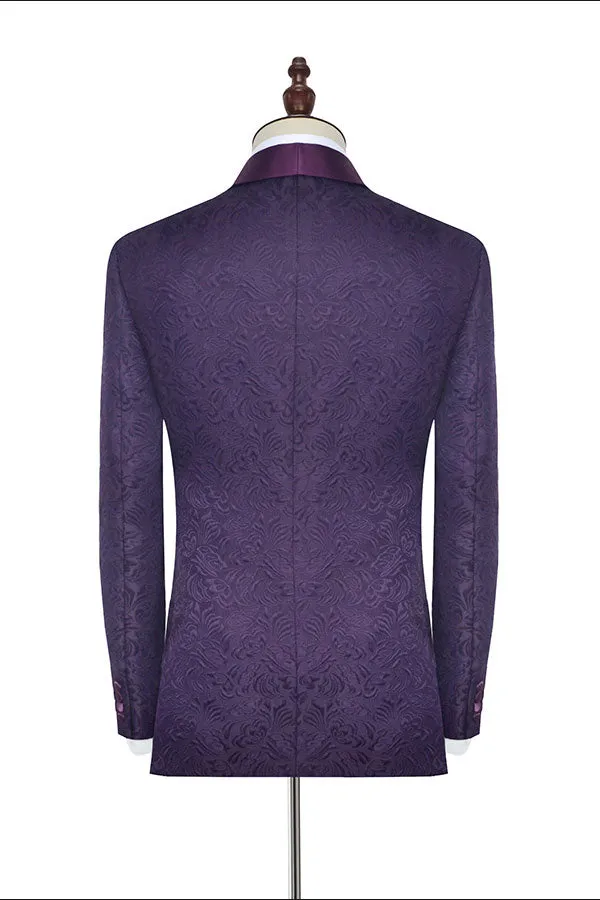 Luxury Dark Purple One Button Wedding Tuxedos Silk Shawl Lapel Jacquard Prom Suits