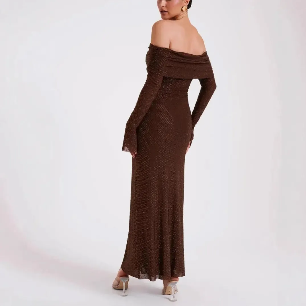 Luxury Slim Rhinestone Strapless Dress - Elegant Long Sleeve Evening Wear