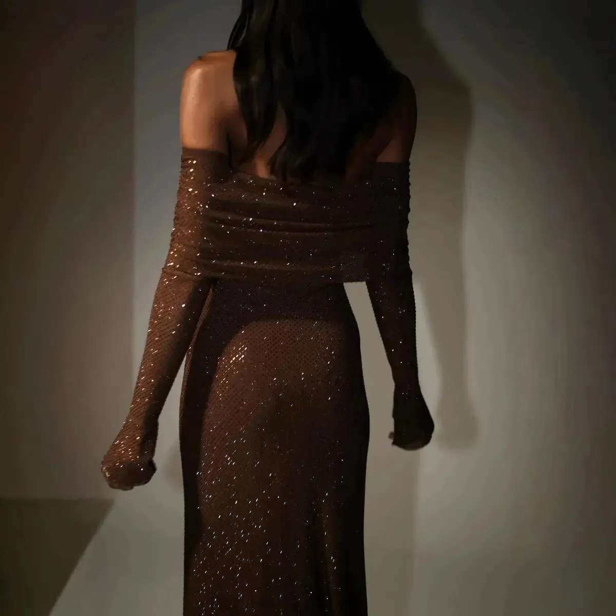 Luxury Slim Rhinestone Strapless Dress - Elegant Long Sleeve Evening Wear