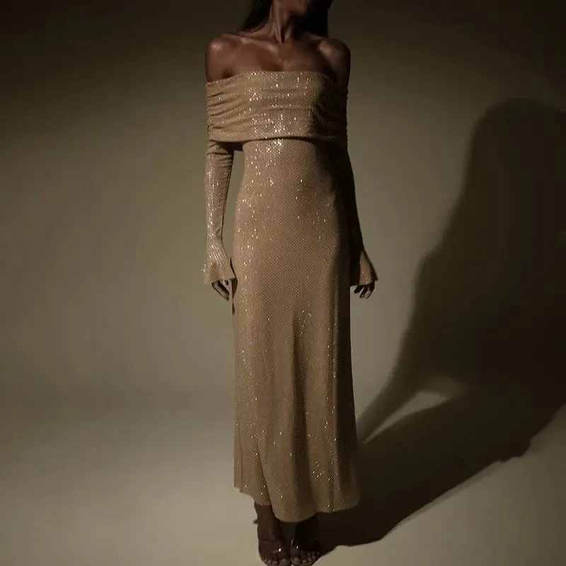 Luxury Slim Rhinestone Strapless Dress - Elegant Long Sleeve Evening Wear