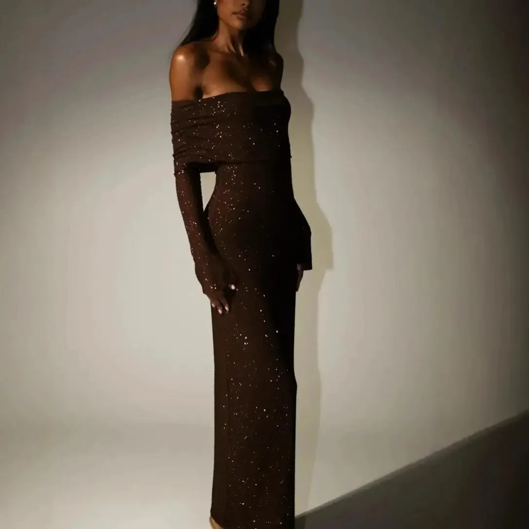 Luxury Slim Rhinestone Strapless Dress - Elegant Long Sleeve Evening Wear