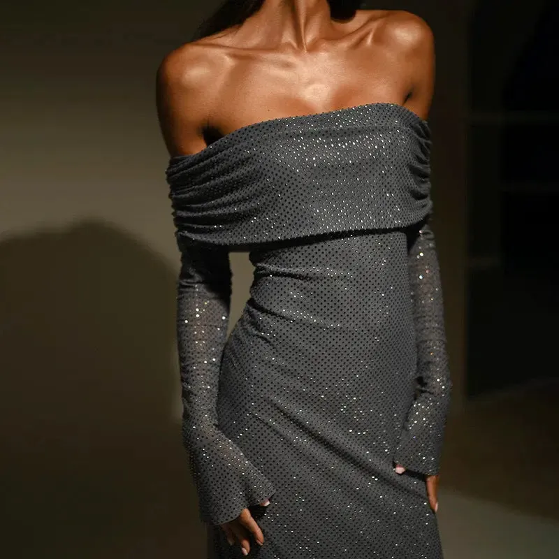 Luxury Slim Rhinestone Strapless Dress - Elegant Long Sleeve Evening Wear