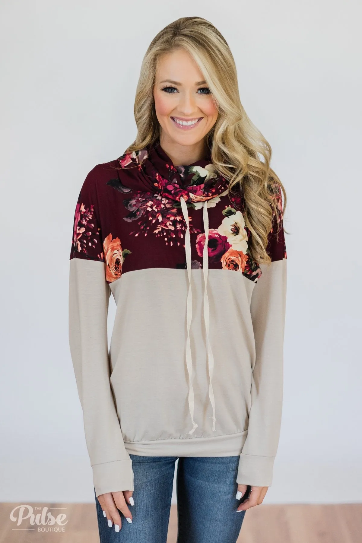 Made for You Floral Cowl Neck- Burgundy