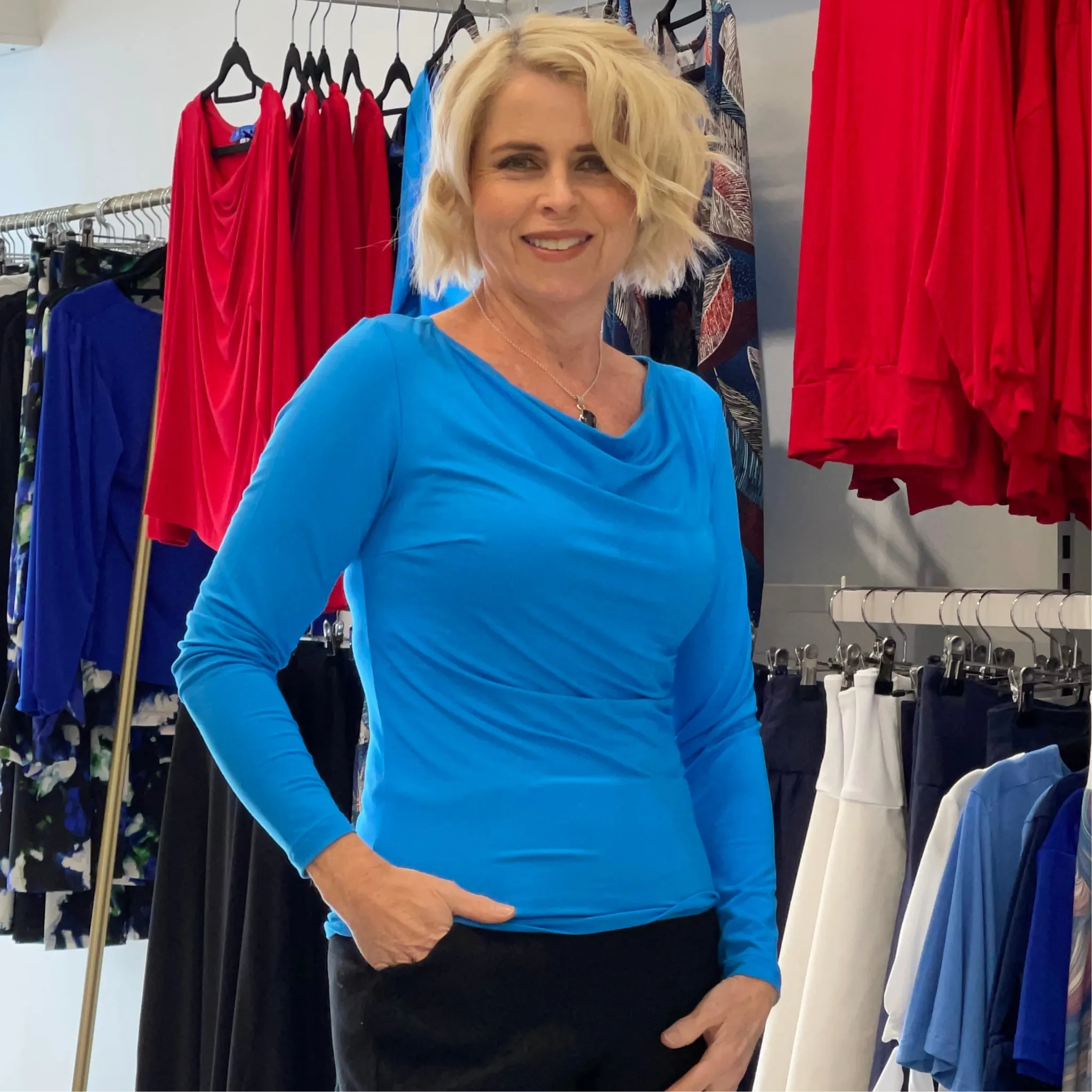 Mediterranean Blue Cowl Neck Long Sleeve Top