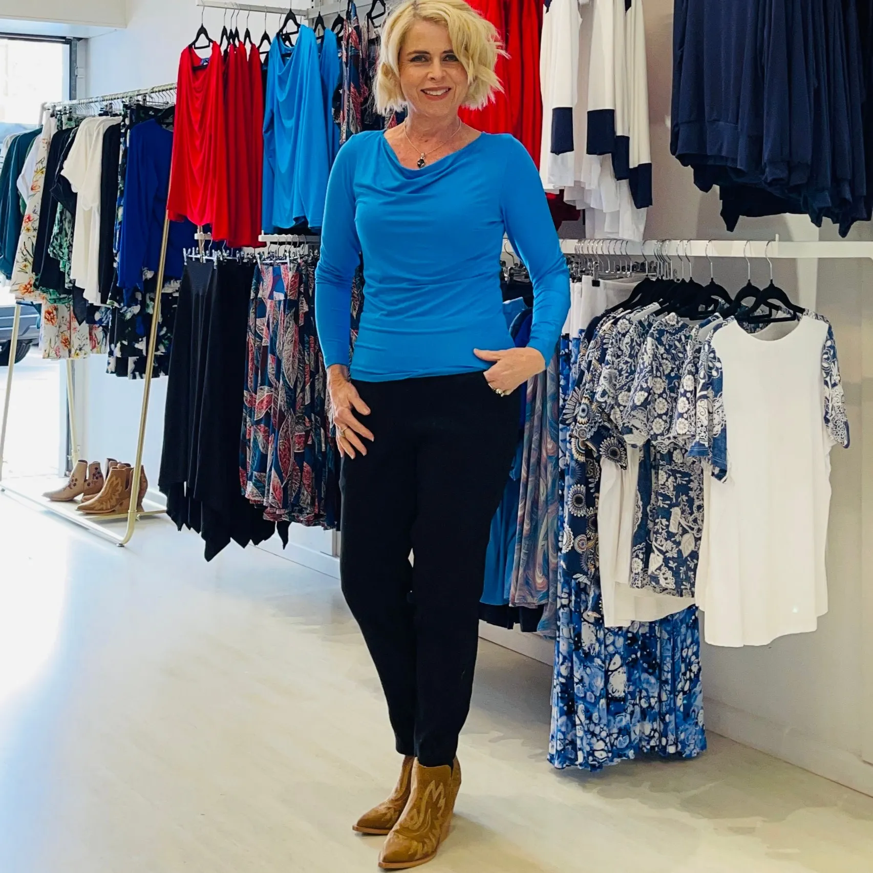 Mediterranean Blue Cowl Neck Long Sleeve Top